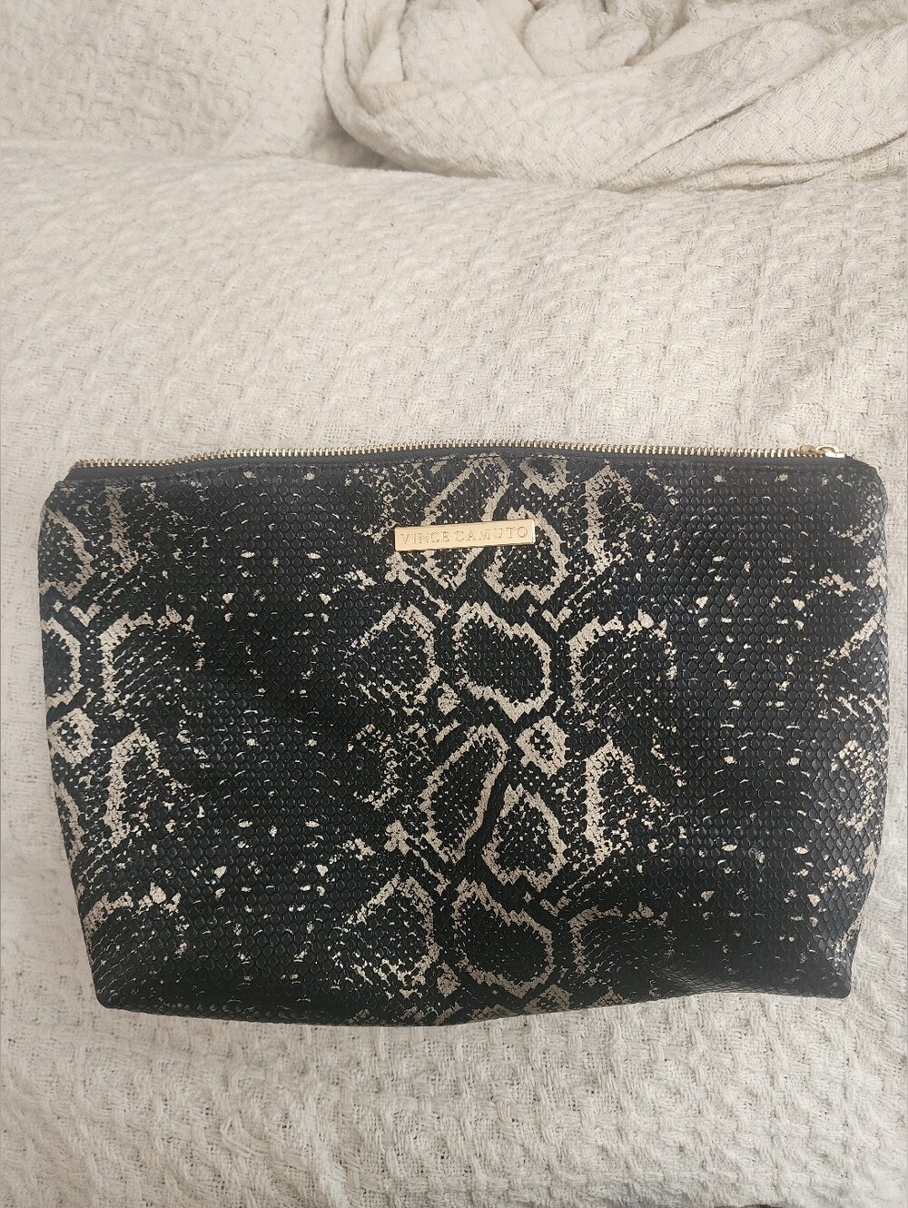 Vince Camuto Black and Silver Snake-Print Cosmetic Pouch